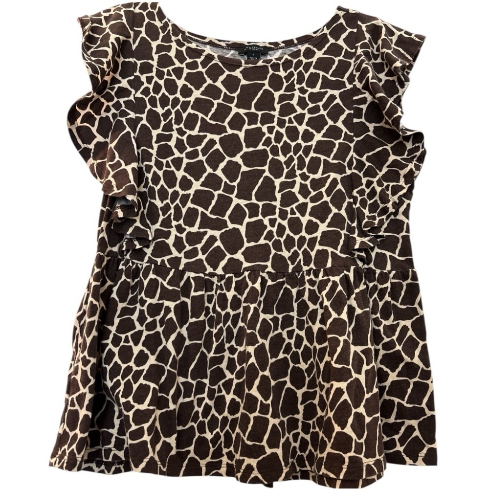 ANN TAYLOR Factory top, brown animal print, flutter sleeves. Waist seam, gathers